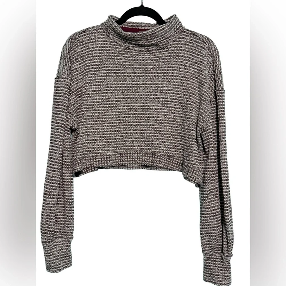 Free People Cropped Turtleneck Knit Sweater -White &Burgundy